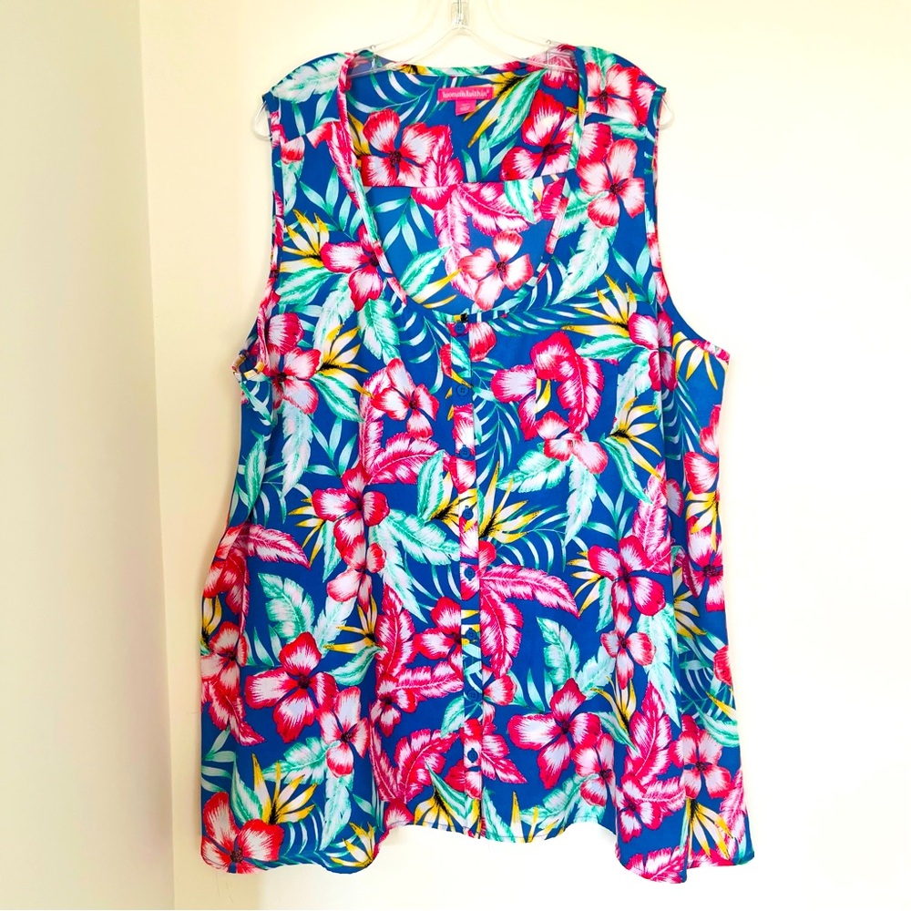 Woman Within Plus Size 2X 26/26 Tank Top Tropical Chiffon Trapeze Floral Blue
